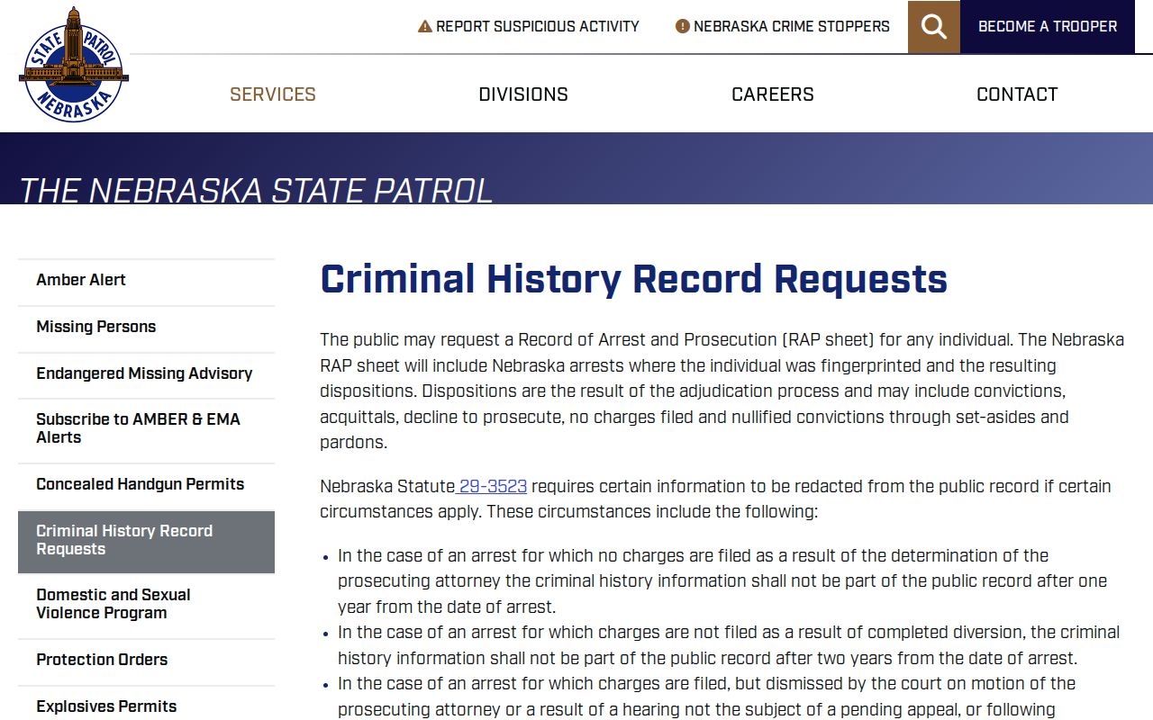Garfield County criminal history request options from Nebraska State Patrol